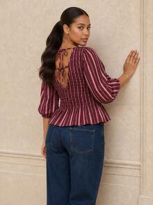 ELLERISSA Atasan Peplum Leher Bulat Berkerut Garis-Garis Warna-warni Ukuran Besar - MultiWarna - View 6