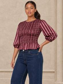 ELLERISSA Atasan Peplum Leher Bulat Berkerut Garis-Garis Warna-warni Ukuran Besar - MultiWarna - View 5