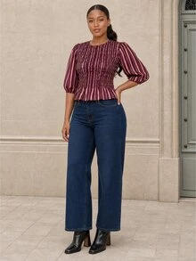 ELLERISSA Atasan Peplum Leher Bulat Berkerut Garis-Garis Warna-warni Ukuran Besar - MultiWarna - View 4