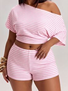 SHEIN BAE CURVE Plus Size Women Yellow Asymmetrical Shoulder Sleeveless Top & Mini Shorts 2 Pieces Set - Pink - View 3
