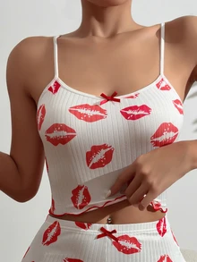 SHEIN Casual Underwear&Sleepwear 女士唇印蝴蝶结装饰吊带睡衣上衣 - 白色 - 查看 6