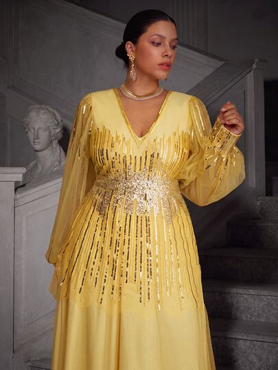 VOLUPTÉ CURVE Plus Size Women's Spring/Summer Yellow Maxi Dress Sequin Mesh Long Sleeve , Elegant A-Line V-Neck Party Wedding Guest Evening Gown Fall