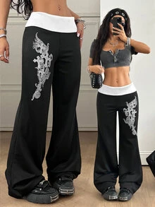 Coolane 女式夏季节日文艺复兴博览会街头服饰复古 Y2K 垃圾摇滚图案弹力翻领长裤黑色直筒裤 - 黑色 - 查看 2