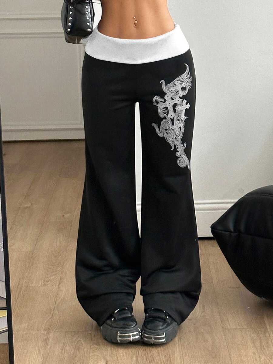 Coolane 女式夏季节日文艺复兴博览会街头服饰复古 Y2K 垃圾摇滚图案弹力翻领长裤黑色直筒裤 - 黑色 - 查看 1