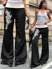 Coolane 女式夏季节日文艺复兴博览会街头服饰复古 Y2K 垃圾摇滚图案弹力翻领长裤黑色直筒裤 - 黑色 - 查看 4