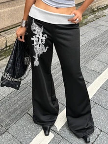 Coolane 女式夏季节日文艺复兴博览会街头服饰复古 Y2K 垃圾摇滚图案弹力翻领长裤黑色直筒裤 - 黑色 - 查看 5
