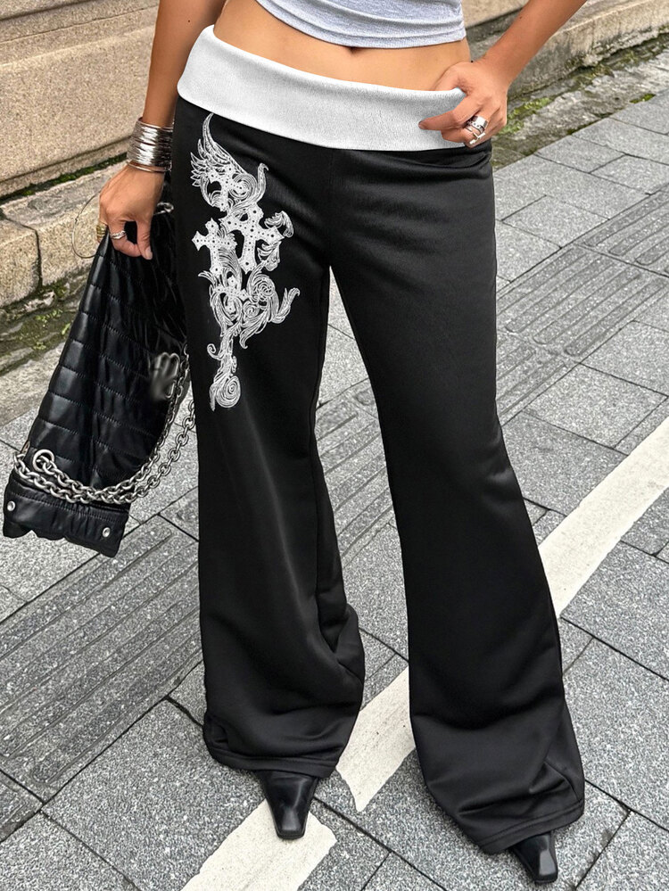 Coolane 女式夏季节日文艺复兴博览会街头服饰复古 Y2K 垃圾摇滚图案弹力翻领长裤黑色直筒裤 - 黑色 - 查看 5