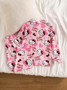 HELLO KITTY AND FRIENDS | SHEIN 女童卡通印花上衣與長褲居家休閒套裝 - 粉色 - 查看 2