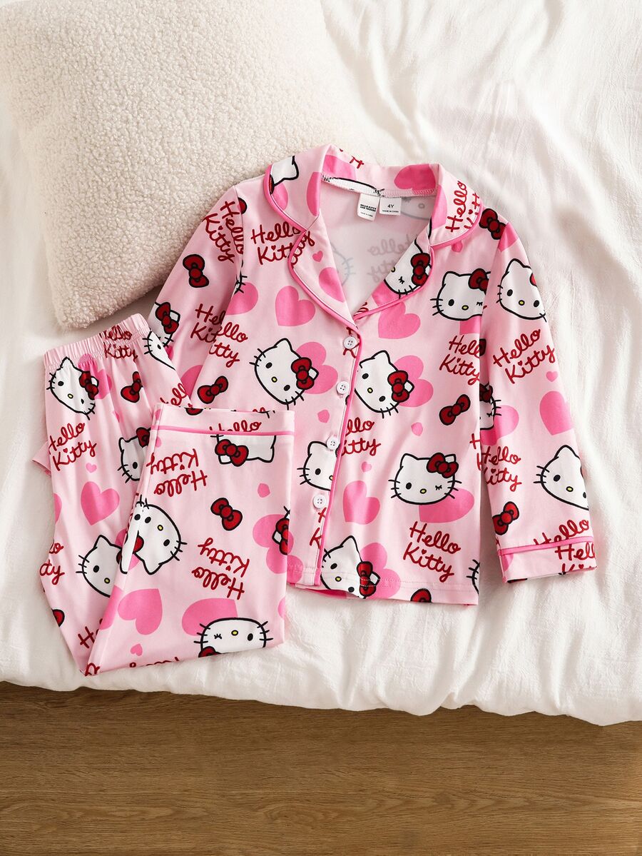 HELLO KITTY AND FRIENDS | SHEIN 女童卡通印花上衣與長褲居家休閒套裝 - 粉色 - 查看 1