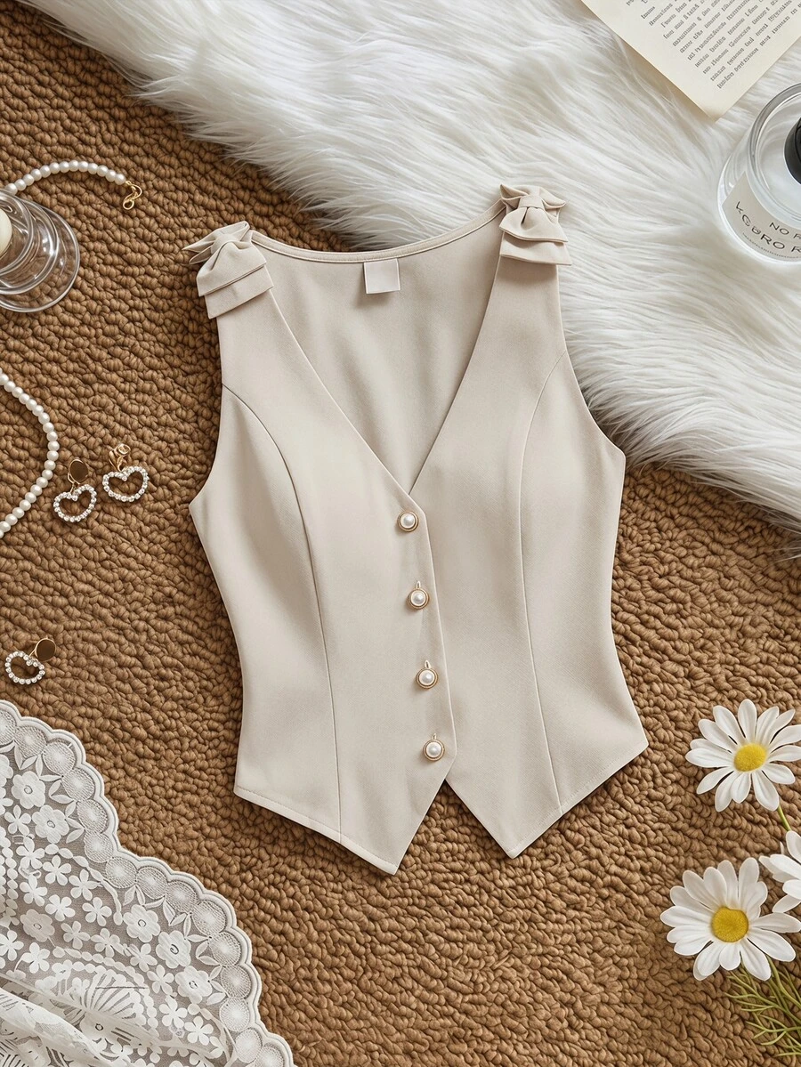 SHEIN MOD Women's Summer Elegant Bow Decor Vest Jacket - Khaki - View 1