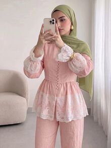 Solavon Women's Sweet Lace Patchwork Button Top And Long Pants Arabic Costume Set - Baby Pink - View 1