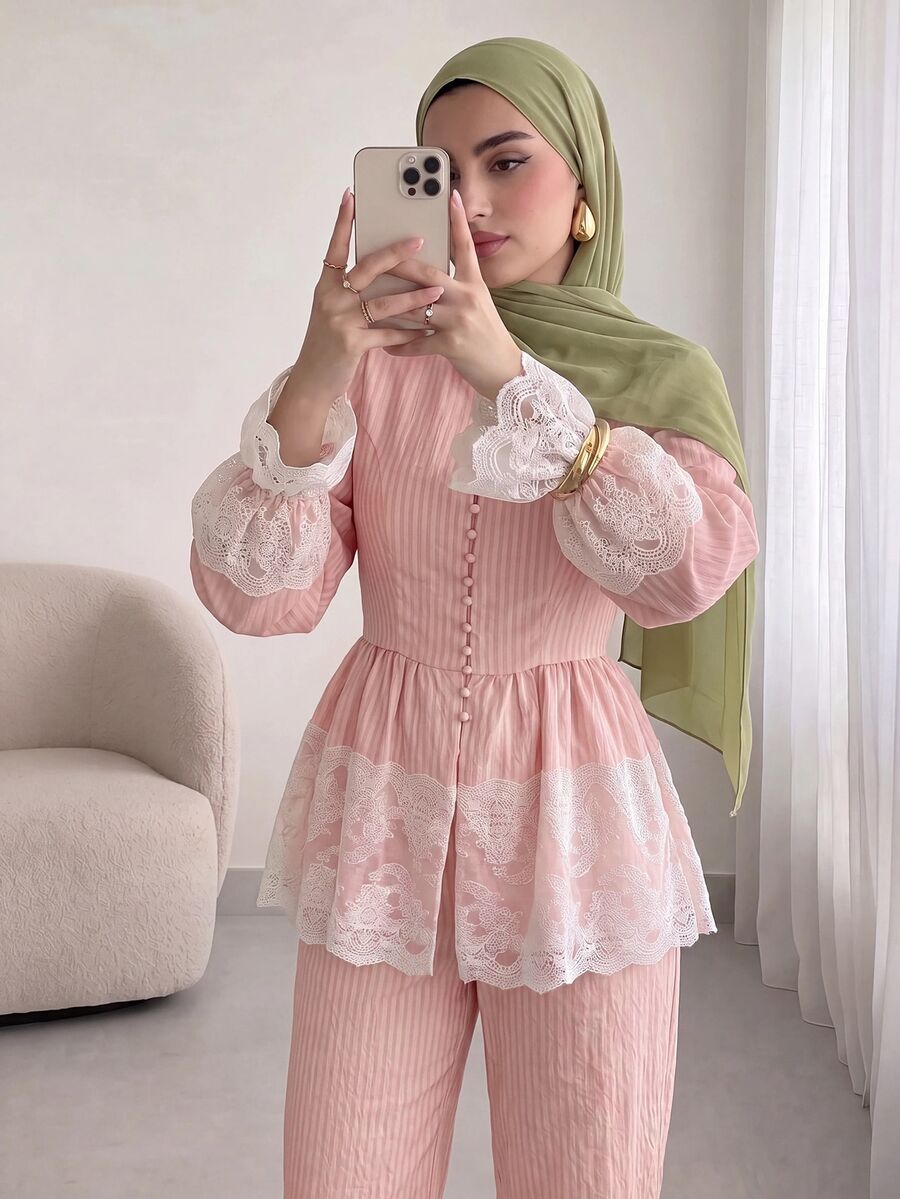 Solavon Women's Sweet Lace Patchwork Button Top And Long Pants Arabic Costume Set - Baby Pink - View 1