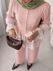Solavon Women's Sweet Lace Patchwork Button Top And Long Pants Arabic Costume Set - Baby Pink - View 6