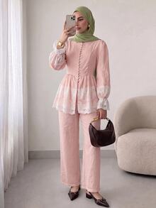 Solavon Women's Sweet Lace Patchwork Button Top And Long Pants Arabic Costume Set - Baby Pink - View 5