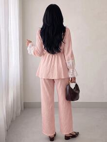 Solavon Women's Sweet Lace Patchwork Button Top And Long Pants Arabic Costume Set - Baby Pink - View 2