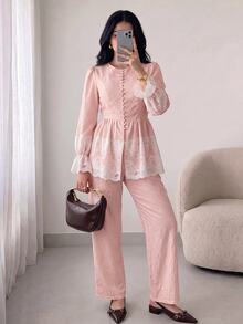 Solavon Women's Sweet Lace Patchwork Button Top And Long Pants Arabic Costume Set - Baby Pink - View 3