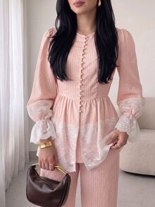 Solavon Women's Sweet Lace Patchwork Button Top And Long Pants Arabic Costume Set - Baby Pink - View 4