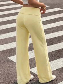 Muchica 女款百搭淡黃色拼色休閒 Y2K 長褲，適合度假、街頭穿搭、秋季假期 - 鵝黃色 - 查看 2