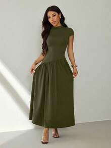 SHEIN PETITE فستان طويل أنيق بلون موحد مع خصر مشدود للنساء، مناسب للتنقل، للنساء ذوات القامة القصيرة - أخضر عسكري - مشاهدة 3