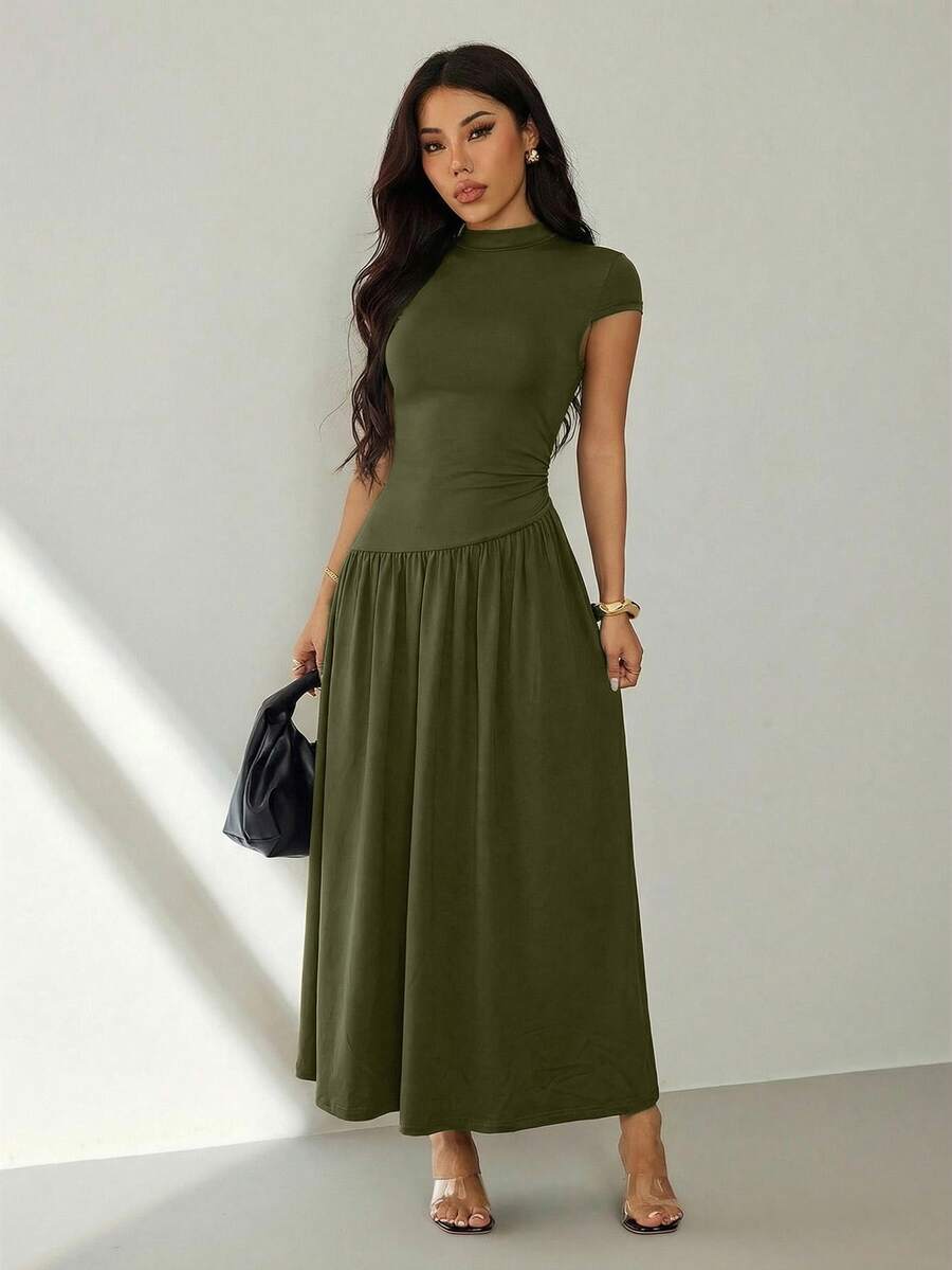 SHEIN PETITE فستان طويل أنيق بلون موحد مع خصر مشدود للنساء، مناسب للتنقل، للنساء ذوات القامة القصيرة - أخضر عسكري - مشاهدة 1