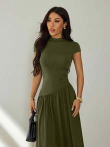 SHEIN PETITE فستان طويل أنيق بلون موحد مع خصر مشدود للنساء، مناسب للتنقل، للنساء ذوات القامة القصيرة - أخضر عسكري - مشاهدة 5