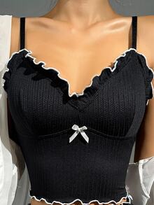 SHEIN 荷叶边饰蝴蝶结前吊带睡衣上衣 - 黑色 - 查看 5