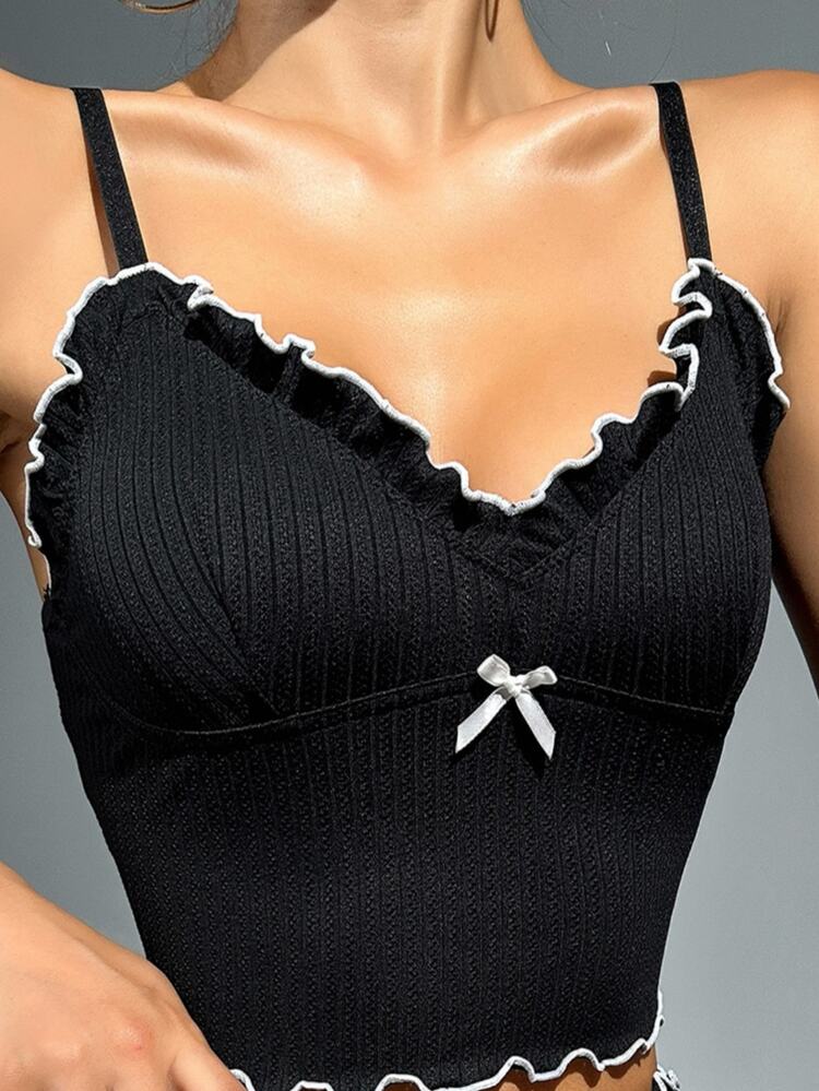SHEIN Frill Trim Bow Front Cami Pajama Sleep Top - Black - View 7