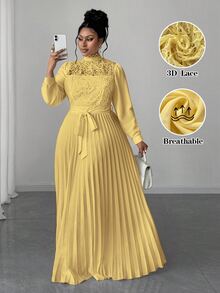 Maweii Vestido largo elegante con cintura ceñida y patchwork para mujer de talla grande - Amarillo - Ver 1