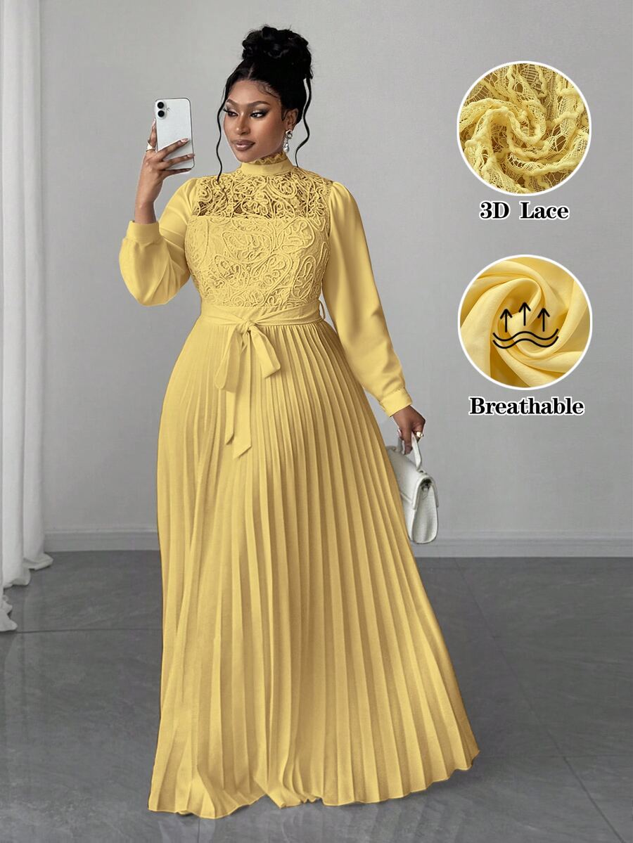 Maweii Vestido largo elegante con cintura ceñida y patchwork para mujer de talla grande - Amarillo - Ver 1