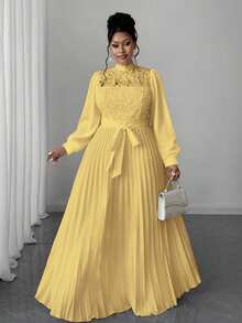 Maweii Vestido largo elegante con cintura ceñida y patchwork para mujer de talla grande - Amarillo - Ver 4
