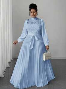 Maweii Plus Size Women Elegant Patchwork Waist Cinched Long Dress Fall - Baby Blue - View 5