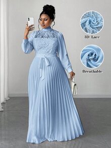 Maweii Plus Size Women Elegant Patchwork Waist Cinched Long Dress Fall - Baby Blue - View 1