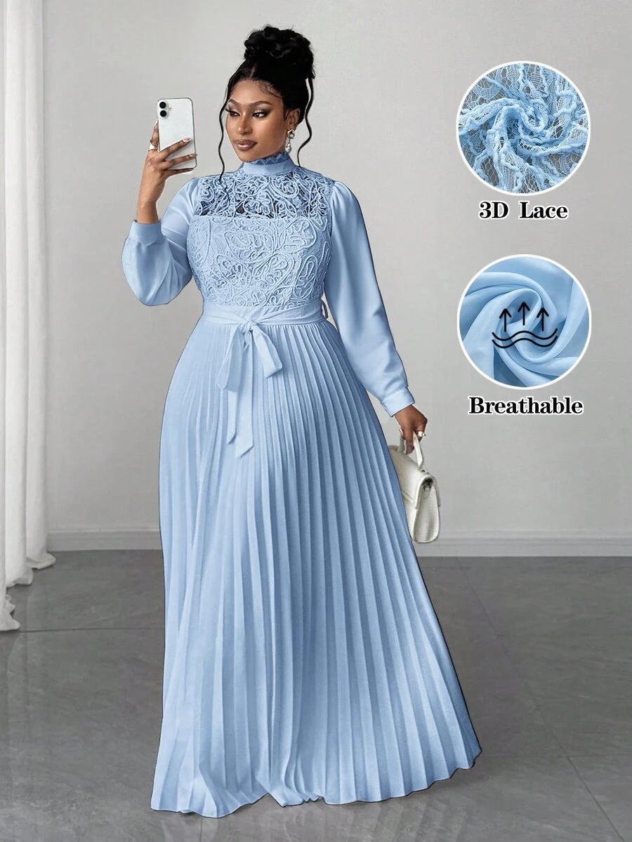 Maweii Plus Size Women Elegant Patchwork Waist Cinched Long Dress Fall - Baby Blue - View 1
