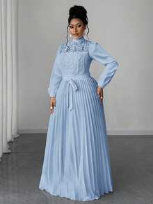 Maweii Plus Size Women Elegant Patchwork Waist Cinched Long Dress Fall - Baby Blue - View 3