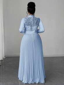 Maweii Plus Size Women Elegant Patchwork Waist Cinched Long Dress Fall - Baby Blue - View 2