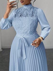 Maweii Plus Size Women Elegant Patchwork Waist Cinched Long Dress Fall - Baby Blue - View 7