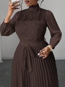 Maweii Plus Size Women Elegant Patchwork Waist Cinched Long Dress Fall - Brown - View 6