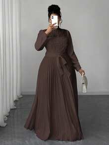 Maweii Plus Size Women Elegant Patchwork Waist Cinched Long Dress Fall - Brown - View 3