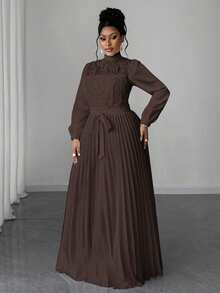 Maweii Plus Size Women Elegant Patchwork Waist Cinched Long Dress Fall - Brown - View 4