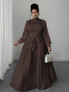 Maweii Plus Size Women Elegant Patchwork Waist Cinched Long Dress Fall - Brown - View 7