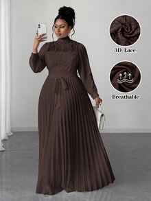 Maweii Plus Size Women Elegant Patchwork Waist Cinched Long Dress Fall - Brown - View 1