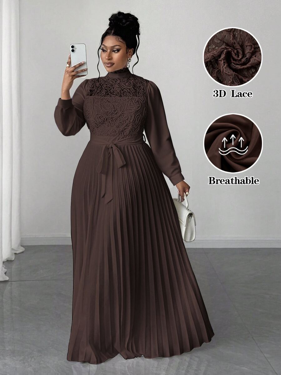 Maweii Plus Size Women Elegant Patchwork Waist Cinched Long Dress Fall - Brown - View 1