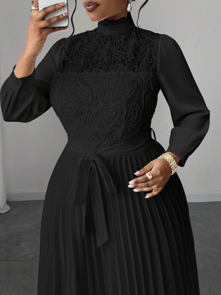 Maweii Plus Size Women Elegant Patchwork Waist Cinched Long Dress Fall - Black - View 5