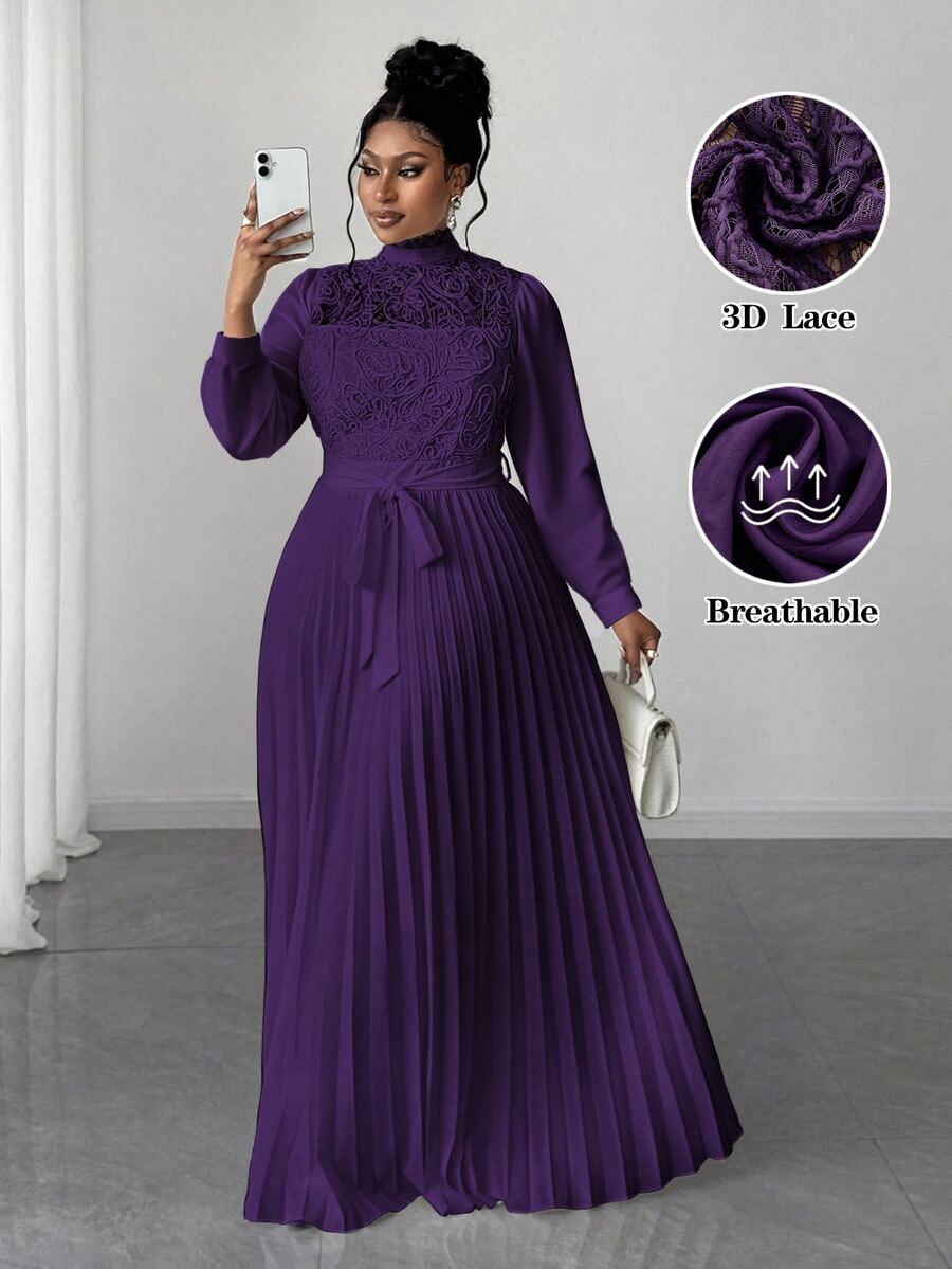 Maweii Plus Size Women Elegant Patchwork Waist Cinched Long Dress Fall - Purple - View 1