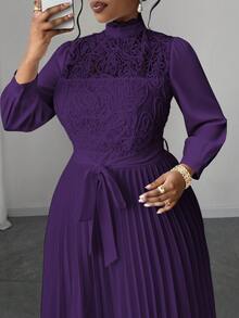 Maweii Plus Size Women Elegant Patchwork Waist Cinched Long Dress Fall - Purple - View 5