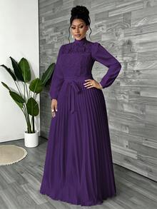 Maweii Plus Size Women Elegant Patchwork Waist Cinched Long Dress Fall - Purple - View 7