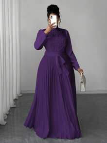 Maweii Plus Size Women Elegant Patchwork Waist Cinched Long Dress Fall - Purple - View 3