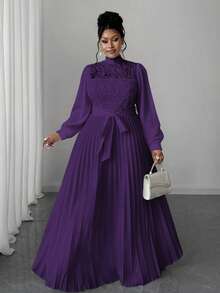 Maweii Plus Size Women Elegant Patchwork Waist Cinched Long Dress Fall - Purple - View 4