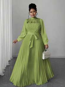 Maweii Plus Size Women Elegant Patchwork Waist Cinched Long Dress Fall - Green - View 4