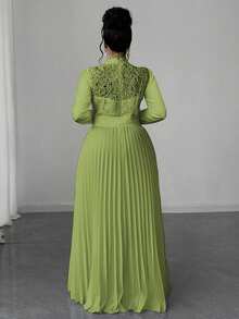 Maweii Plus Size Women Elegant Patchwork Waist Cinched Long Dress Fall - Green - View 2